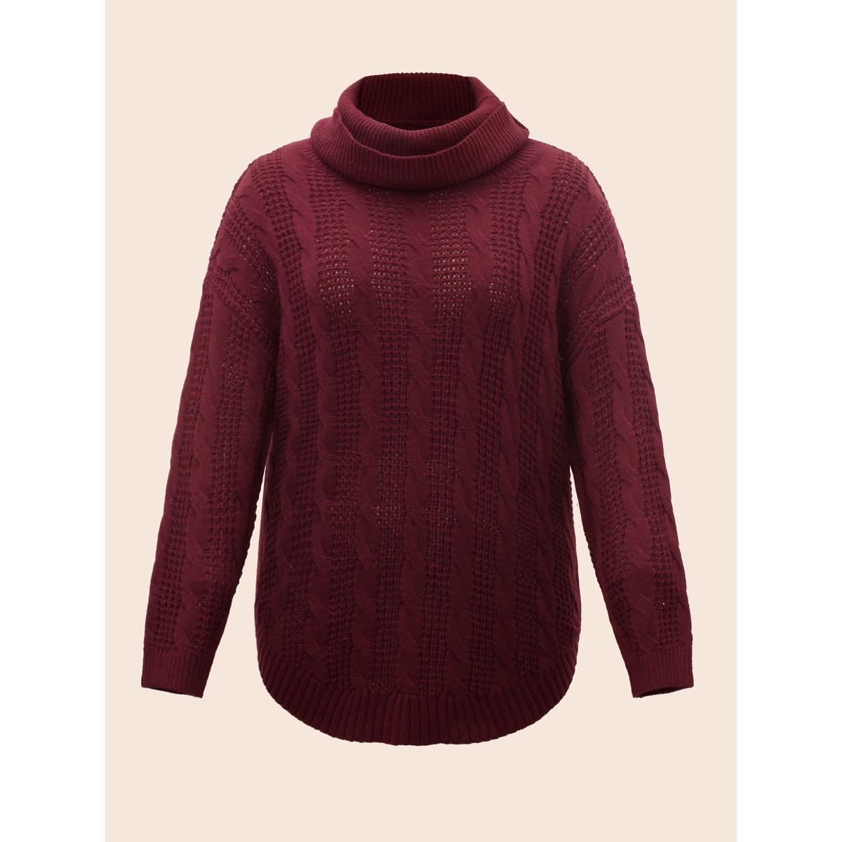 Plus Size Turtleneck Cable Knit Curved Hem Pullover Burgundy Women Leisure Loose Long Sleeve Turtleneck Casual Pullovers BloomChic 28/5X Product Image