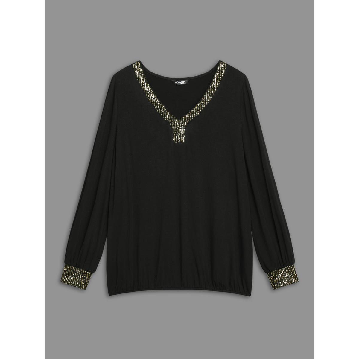 Plus Size Supersoft Essentials Sequin V-Neck T-shirt Black Women Elegant Patchwork V-neck Everyday T-shirts BloomChic 14-16/1X Product Image