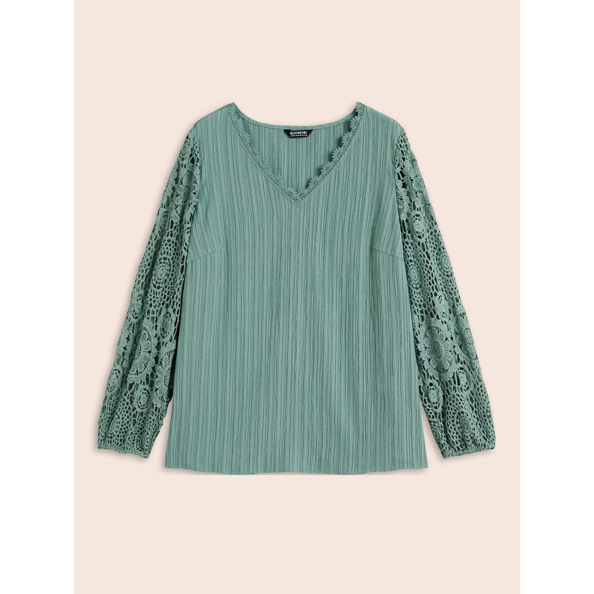 Plus Size Greenbean Scalloped Lace Textured Sheer Sleeve Blouse Women Timeless Extra Long Sleeve V-neck Elegant Blouses BloomChic 22-24/3X Product Image