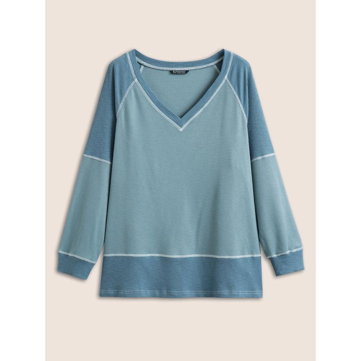 Plus Size Patchwork Texture Waffle Knit Sweatshirt Women Stone Casual Topstitching V-neck Everyday Sweatshirts BloomChic 18-20/2X Product Image