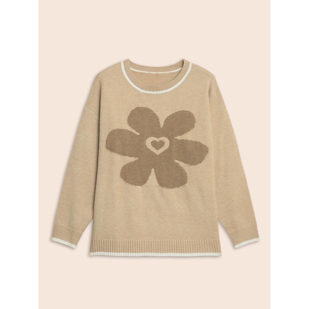 Plus Size Floral Jacquard Contrast Trim Slit Hem Pullover LightBrown Women Casual Long Sleeve Round Neck Everyday Pullovers BloomChic 18-20/2X Product Image