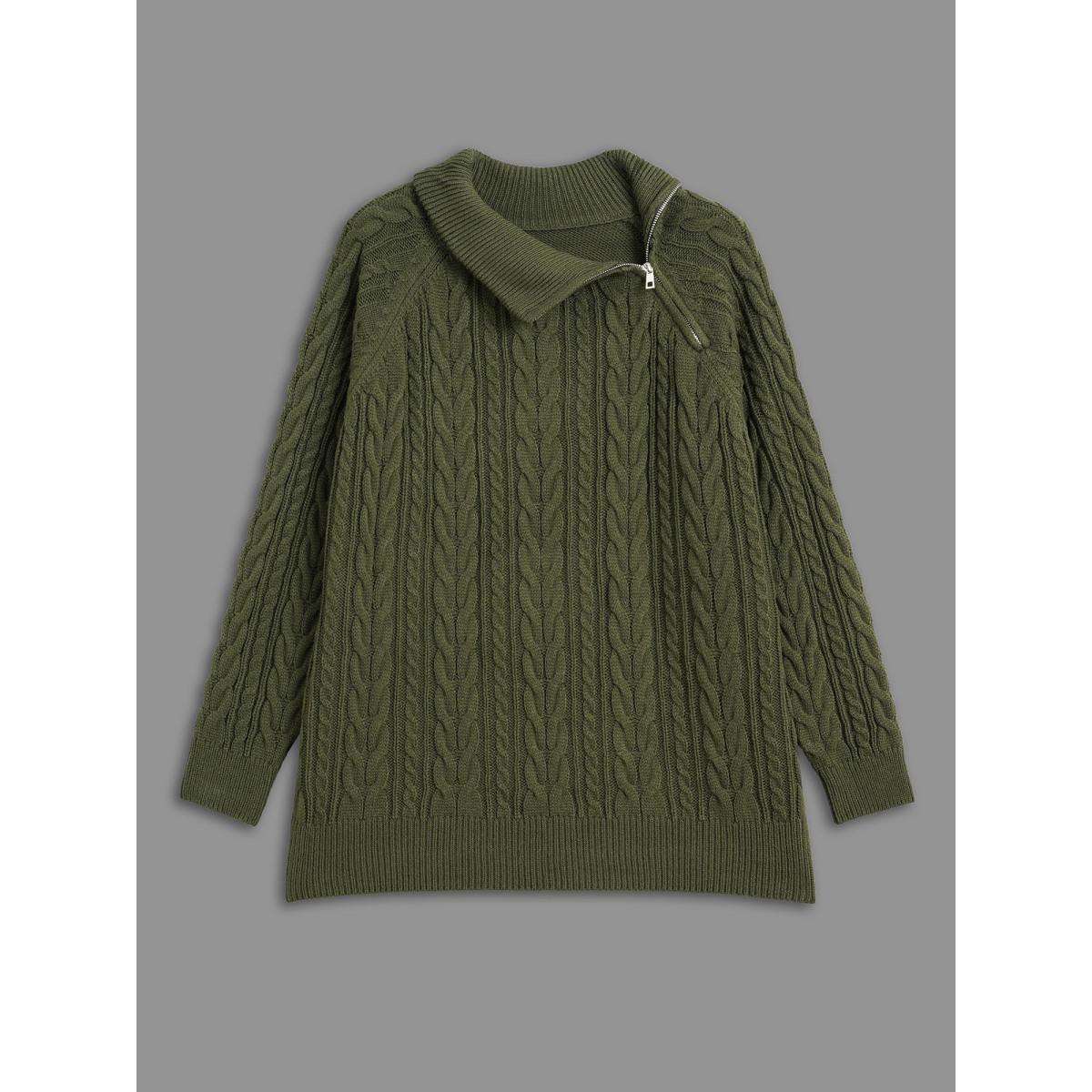 Plus Size Asymmetrical Neck Cable Knit Zipper Pullover ArmyGreen Women Leisure Loose Long Sleeve Asymmetrical Neck Casual Pullovers BloomChic 22-24/3X Product Image