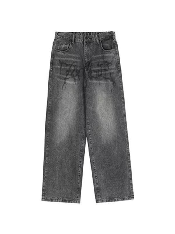 Men's Washed Crackle Print Loose Jeans Product Image