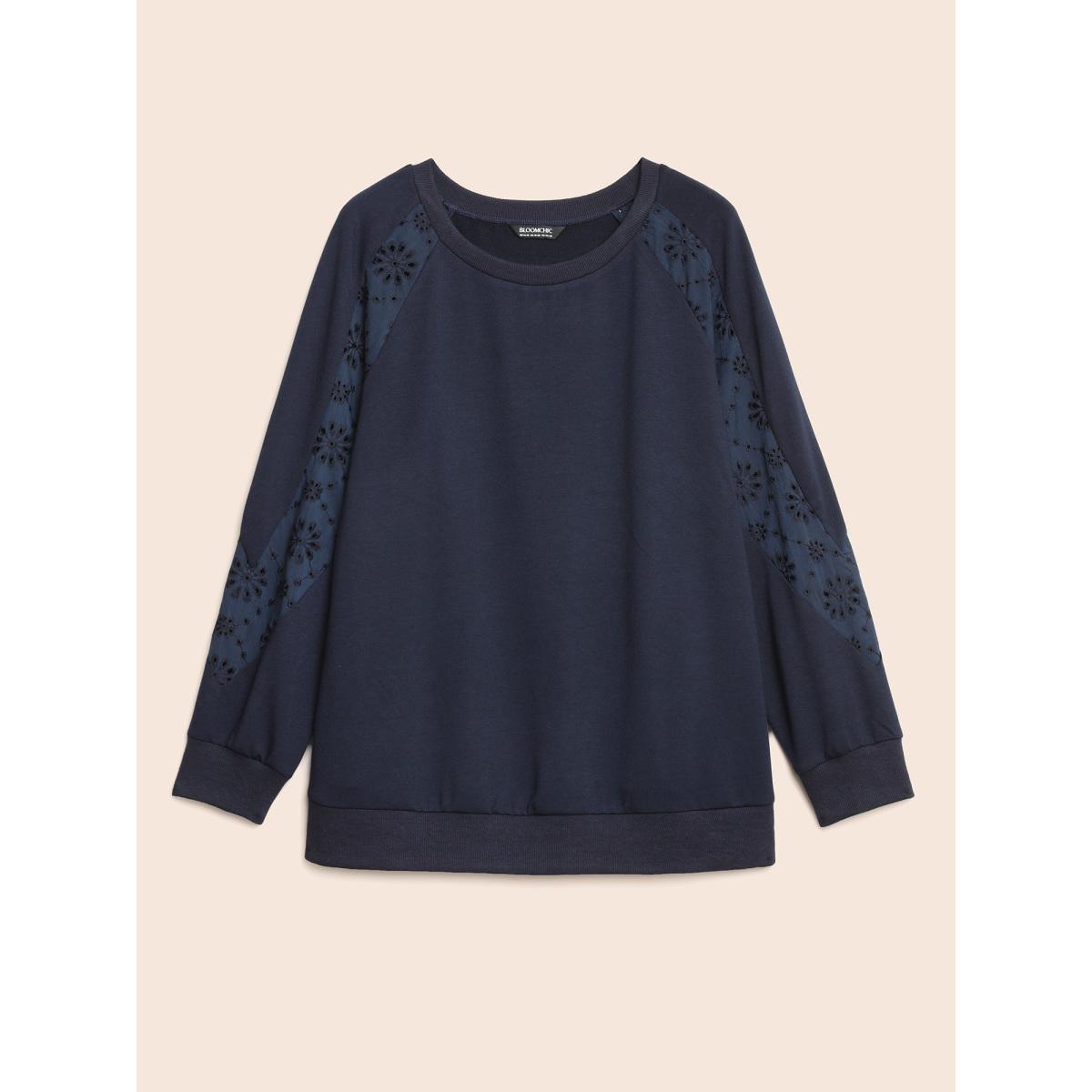 Plus Size Broderie Anglaise Patchwork Raglan Sleeve Sweatshirt Women Midnight Casual Patchwork Round Neck Everyday Sweatshirts BloomChic 28/5X Product Image