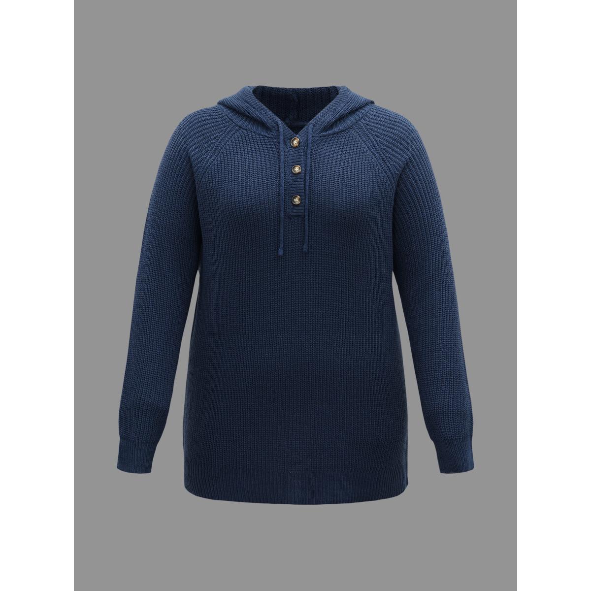 Plus Size Plain Button Up Hooded Pullover Indigo Women Casual Loose Long Sleeve Hooded Everyday Pullovers BloomChic 10/M Product Image