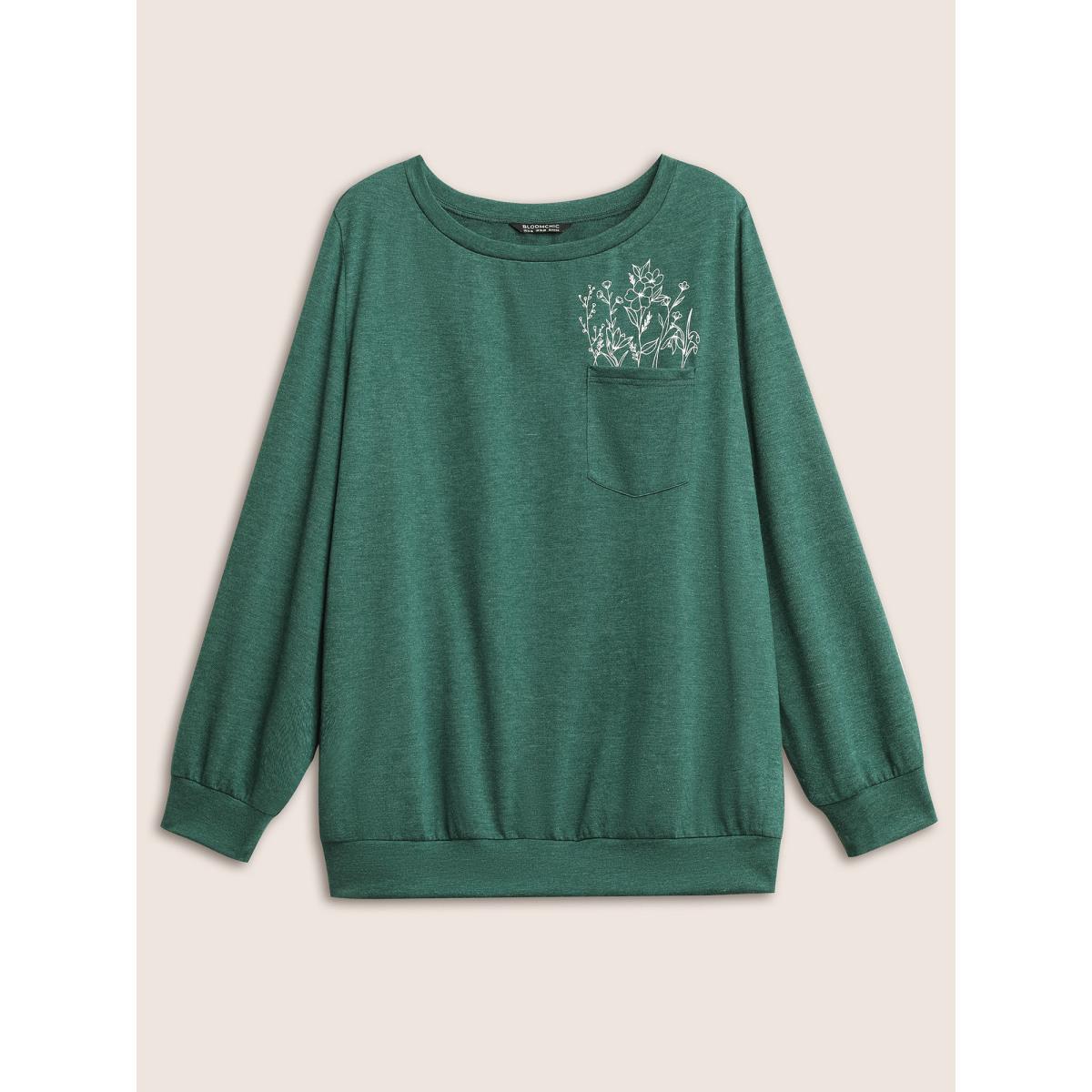 Plus Size Floral Print Heather Patched Pocket Sweatshirt Women Green Casual Non Round Neck Everyday Sweatshirts BloomChic 30/6X Product Image