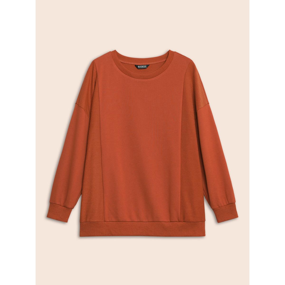 Plus Size Round Neck Patchwork Drop Shoulder Sweatshirt Women Rust Casual Patchwork Round Neck Everyday Sweatshirts BloomChic 22-24/3X Product Image