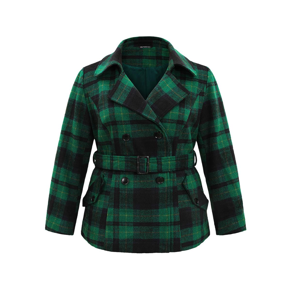 Plus Size Double Breasted Lapel Collar Pocket Belted Jacket Women DarkGreen Belted Pocket Belt Dailywear Jackets BloomChic 12/L Product Image