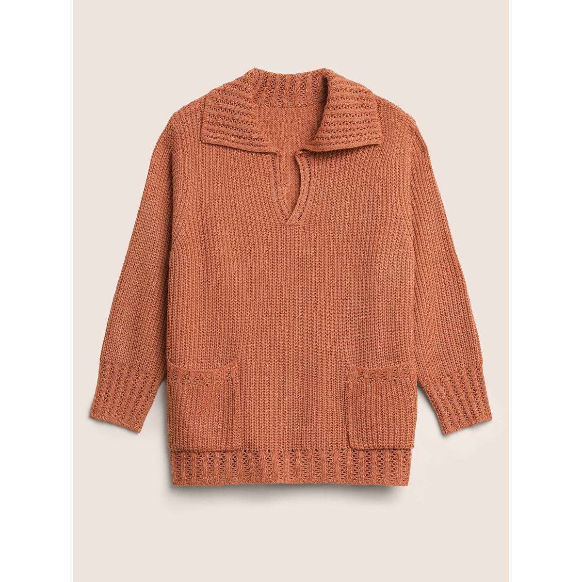 Plus Size Solid Pocket Pointelle Knit Split Hem Pullover Coral Women Casual Long Sleeve Polo Everyday Pullovers BloomChic 26/4X Product Image