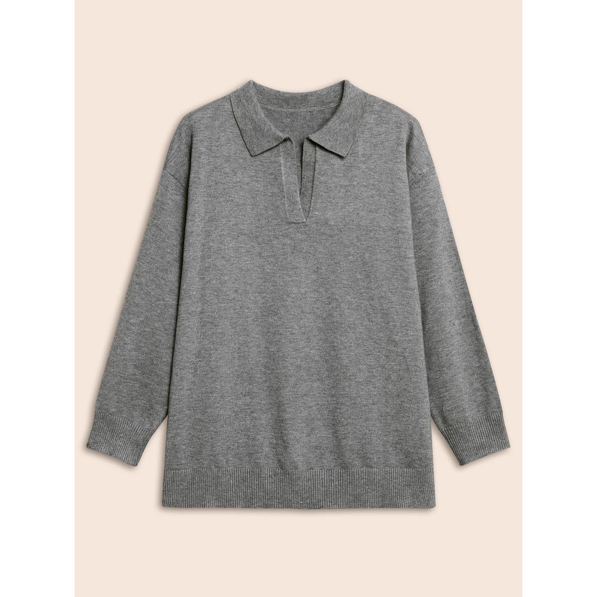 Plus Size Polo Neck Drop Shoulder Sleeve Soft Pullover DarkGray Women Casual Long Sleeve Polo Everyday Pullovers BloomChic 18-20/2X Product Image