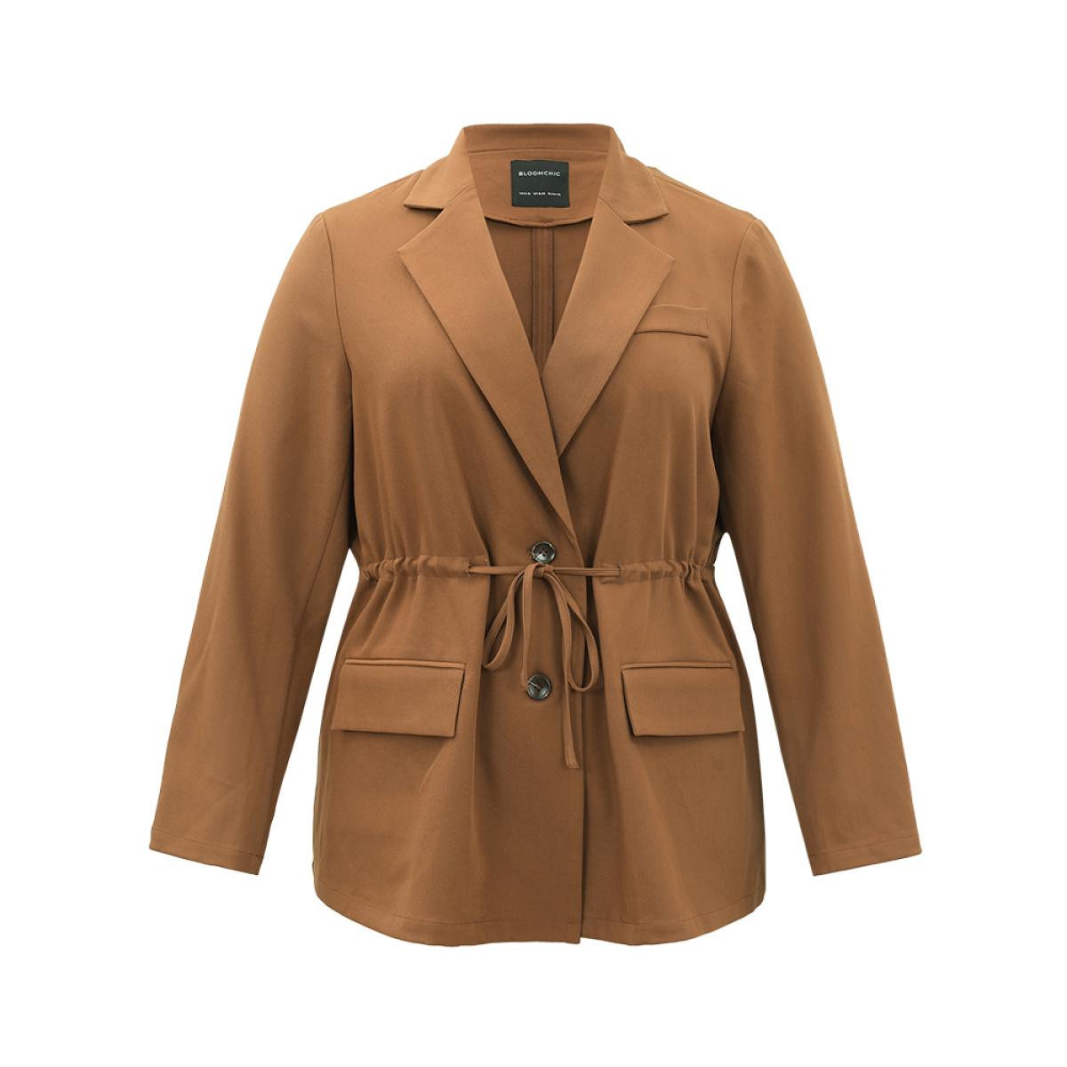 Plus Size Drawstring Flap Pocket Blazer Bronze Women Dailywear Plain Plain Sleeve Long Sleeve Suit Collar 10/M Pocket Casual Blazers BloomChic Product Image