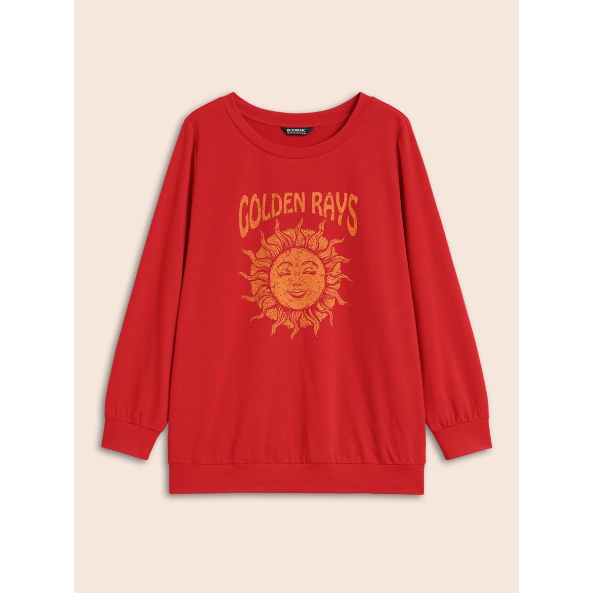 Plus Size Sun Print Round Neck Sweatshirt Women Brightred Elegant Non Round Neck Everyday Sweatshirts BloomChic 12/L Product Image