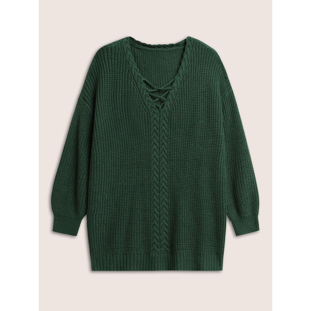 Plus Size Plain Cable Knit Crisscross Pullover DarkGreen Women Casual Loose Long Sleeve V-neck Dailywear Pullovers BloomChic 12/L Product Image