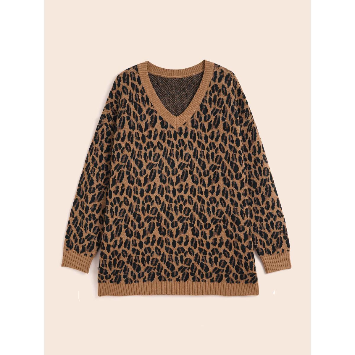 Plus Size V Neck Leopard Print Jacquard Pullover Yellowishbrown Women Casual Loose Long Sleeve V-neck Everyday Pullovers BloomChic 18-20/2X Product Image