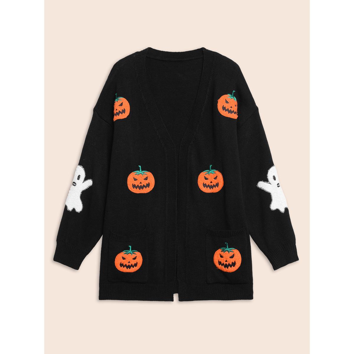 Plus Size Pumpkin Ghost Embroidery Open Cardigan Black Women Playful Loose Long Sleeve Casual Cardigans BloomChic 14-16/1X Product Image