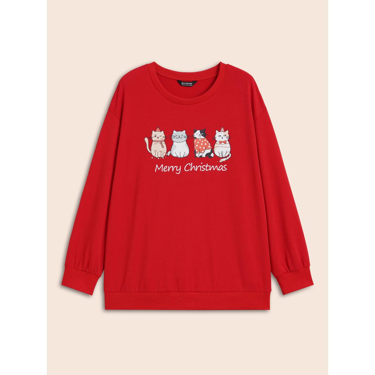 Plus Size Festive Cats Print Relaxed Fit Sweatshirt Women Brightred Casual Non Round Neck Everyday Sweatshirts BloomChic 10/M Product Image