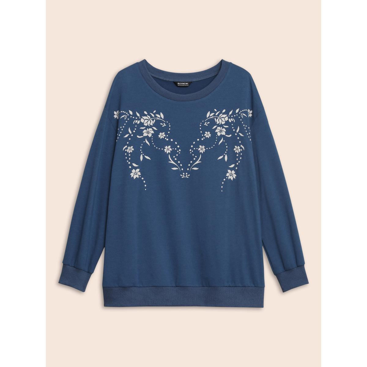 Plus Size Floral Print Drop Shoulder Sleeve Sweatshirt Women Navy Casual Patchwork Loose Round Neck Everyday Sweatshirts BloomChic 26/4X Product Image
