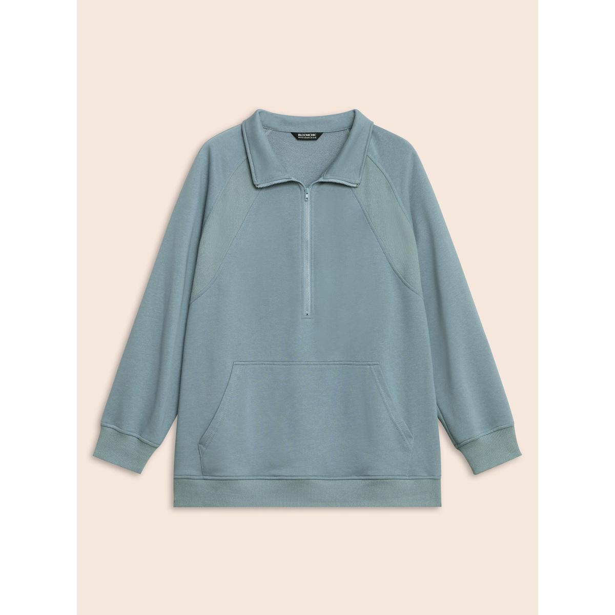 Plus Size Textured Half Zip Patchwork Sweatshirt Women Stone Casual Patchwork Polo Everyday Sweatshirts BloomChic 14-16/1X Product Image