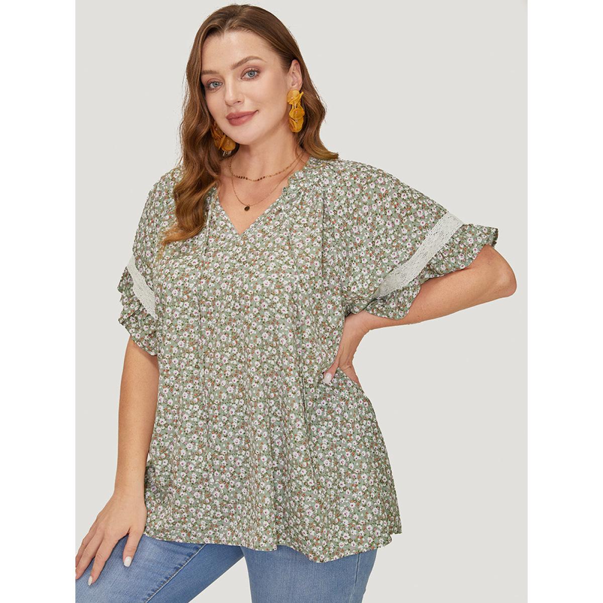 Plus Size Sage Ditsy Floral Frill Trim Lace Ruffle Sleeve Tie Neck Blouse Women Elegant Short sleeve Tie Neck Dailywear Blouses BloomChic 14-16/1X Product Image