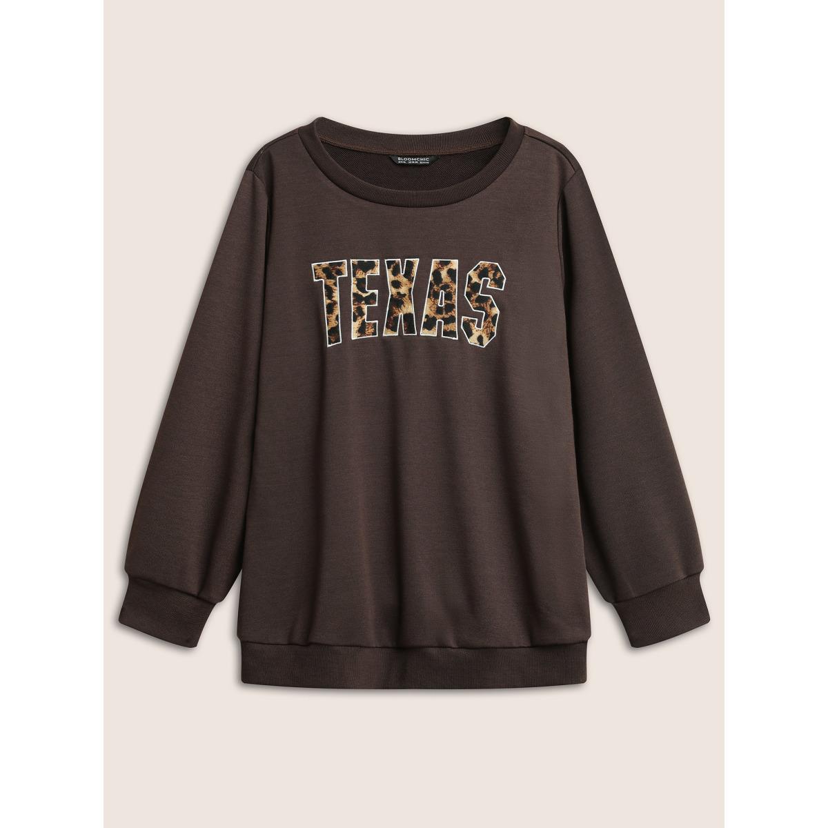 Plus Size Leopard Embroidered Patch Rib Knit Sweatshirt Women DarkBrown Casual Non Round Neck Everyday Sweatshirts BloomChic 18-20/2X Product Image