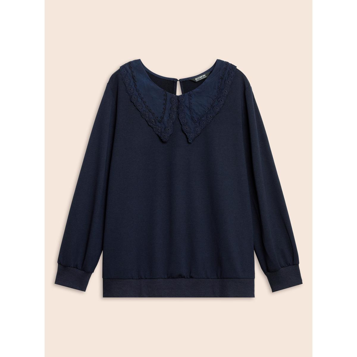 Plus Size Solid Peter Pan Collar Patchwork Sweatshirt Women Indigo Leisure Patchwork Peter Pan collar Casual Sweatshirts BloomChic 30/6X Product Image