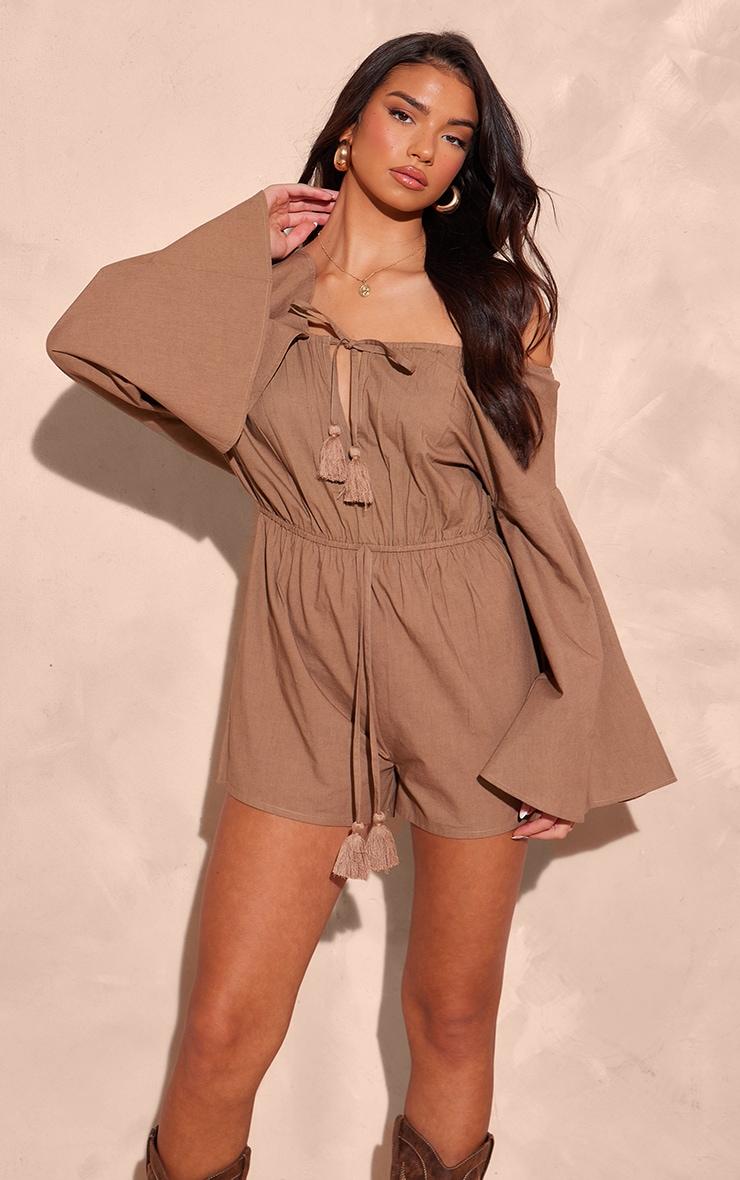 Taupe Flare Sleeve Bardot Romper Product Image