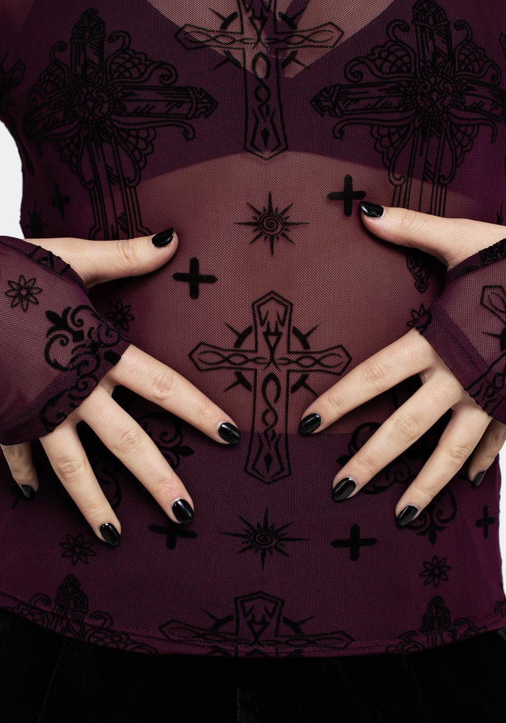 Priestess Flocked Mesh Top - Purple Product Image