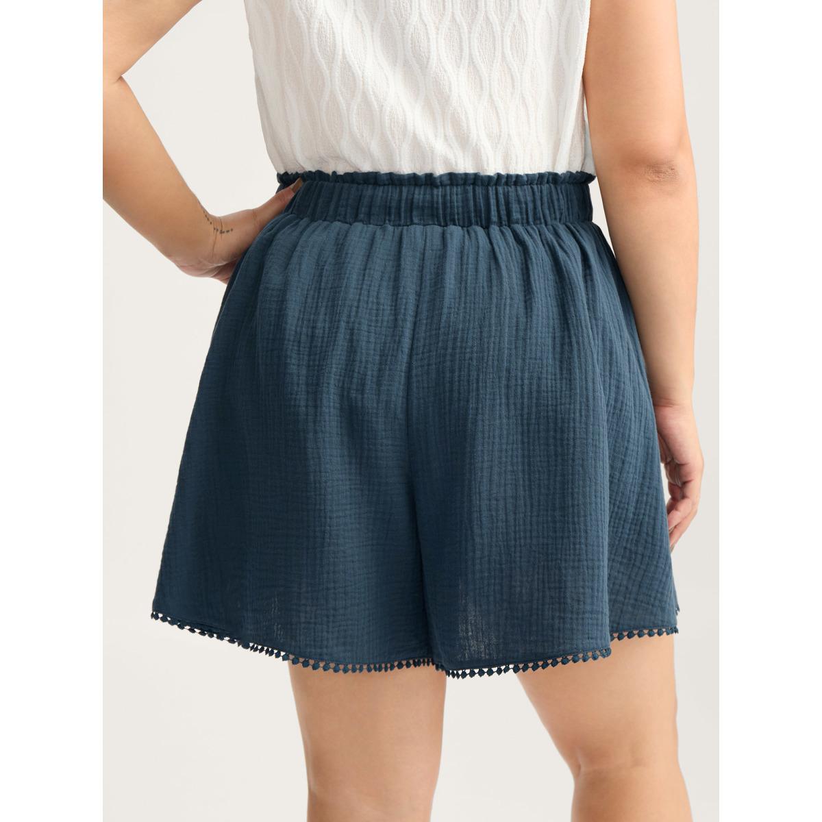 Plus Size Cotton Textured Waist Tie Wide-Leg Shorts Women Indigo Resort Drawstring Wide Leg Vacation Shorts BloomChic 30/6X Product Image