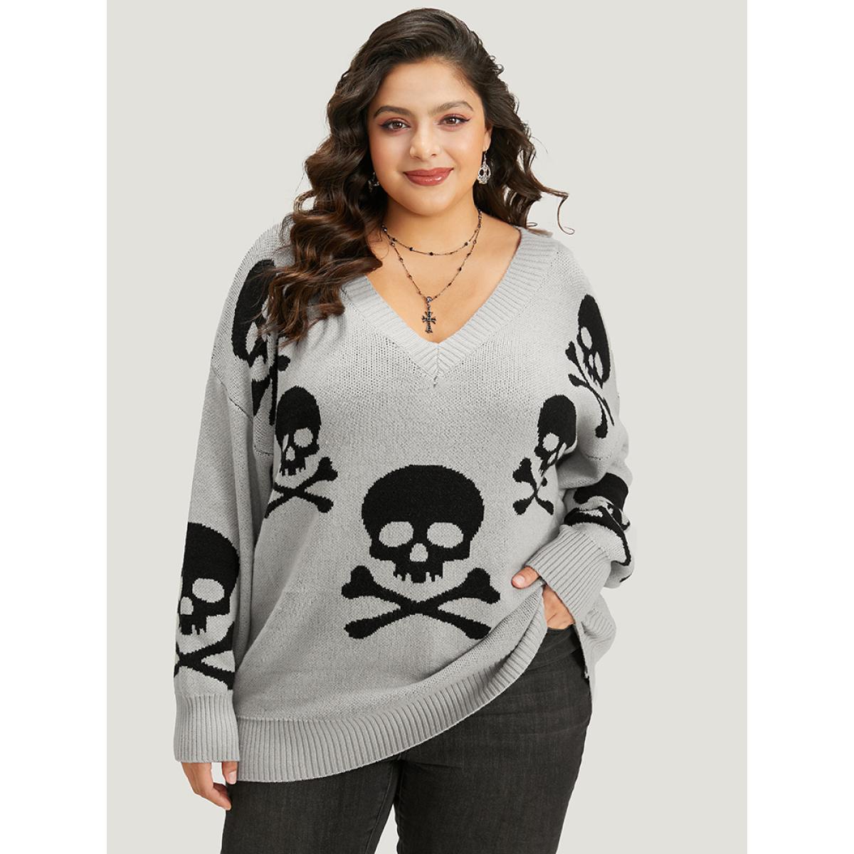 Plus Size Supersoft Essentials Halloween Skull Print V Neck Pullover LightGray Women Casual Long Sleeve V-neck Festival-Halloween Pullovers BloomChic 22-24/3X Product Image