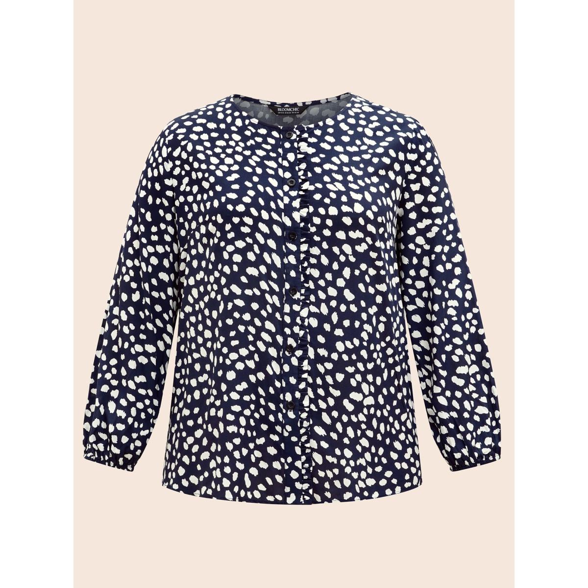 Plus Size Indigo Leopard Print Ruffles Lantern Sleeve Blouse Women Elegant Long Sleeve Round Neck Everyday Blouses BloomChic 22-24/3X Product Image