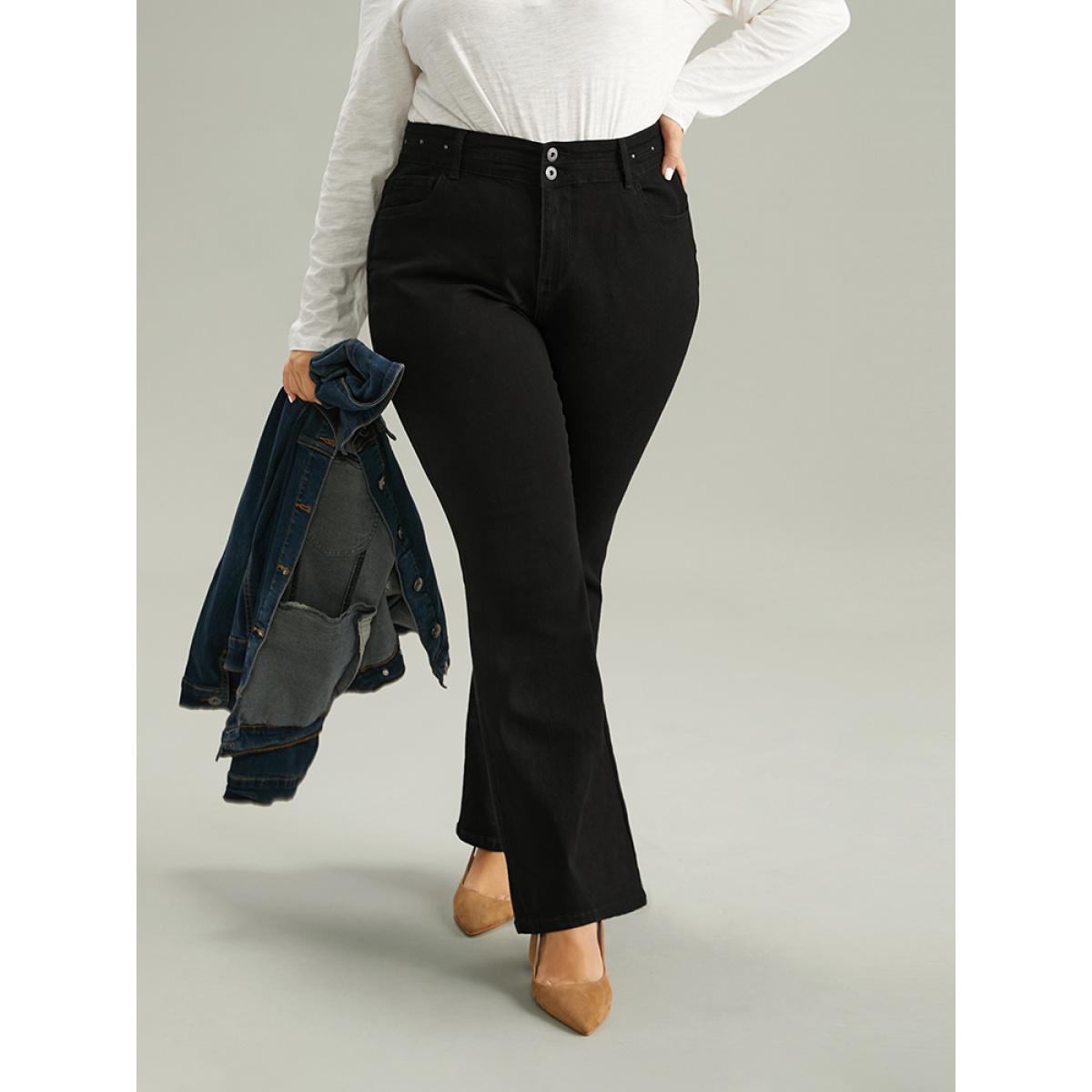 Plus Size Very Stretchy Beaded Detail Bootcut Jeans Women Black Casual Plain Beaded High stretch Pocket Jeans BloomChic 10/M Product Image