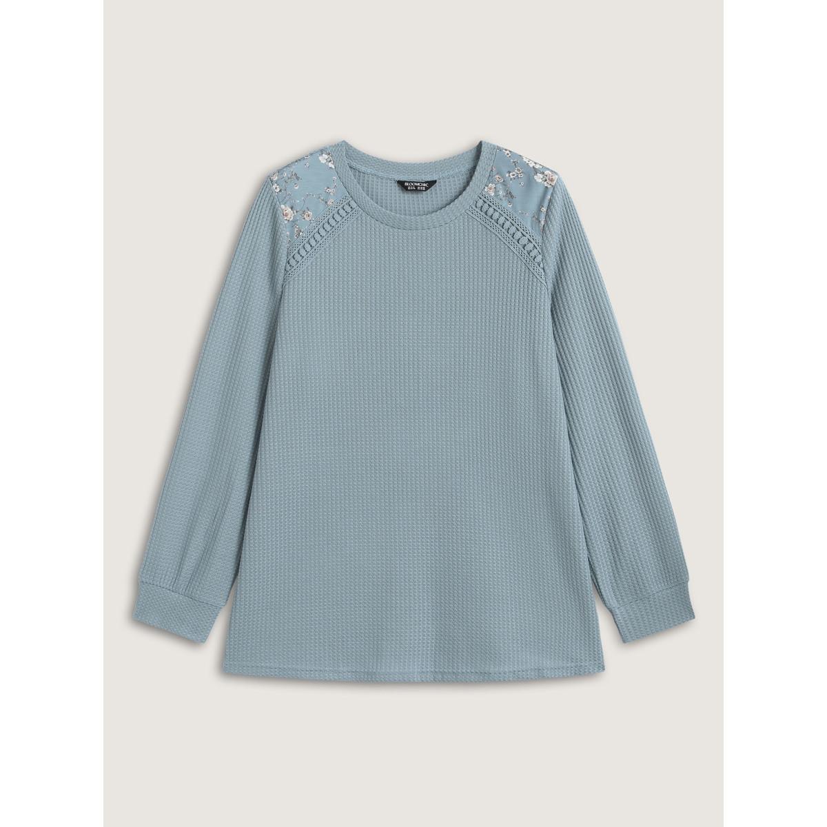 Plus Size Waffle Spliced Floral Lace Sweatshirt Women Stone Leisure Round Neck Casual Sweatshirts BloomChic 18-20/2X Product Image