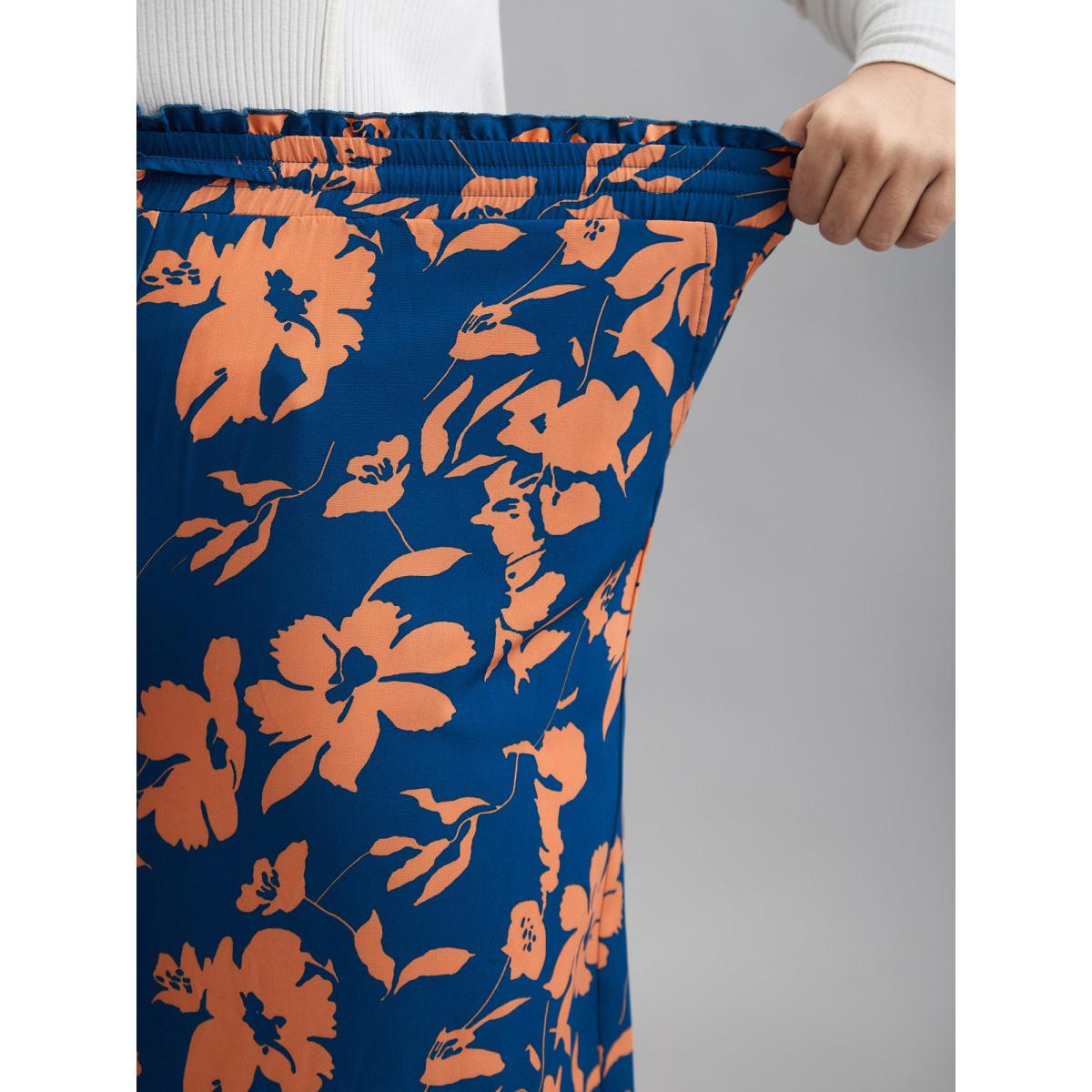 Plus Size Floral Smocked Waist Flared Leg Pants Women DarkBlue Elegant Wide Leg Mid Rise Everyday Pants BloomChic 30/6X Product Image