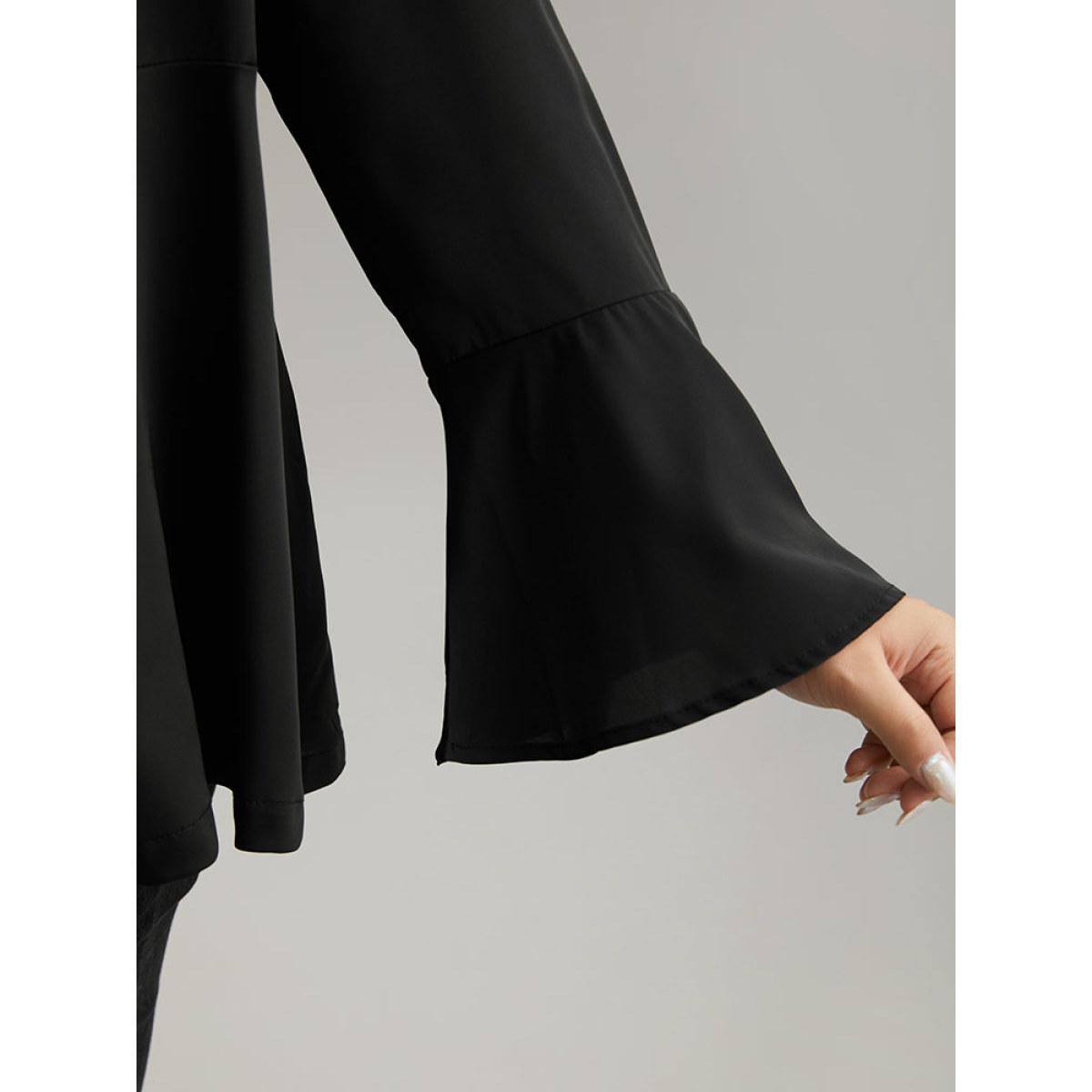 Plus Size Plain Ruffles Button Up Blazer Black Women Dailywear Plain Plain Ruffle Sleeve Long Sleeve Lapel Collar 18-20/2X Casual Blazers BloomChic Product Image