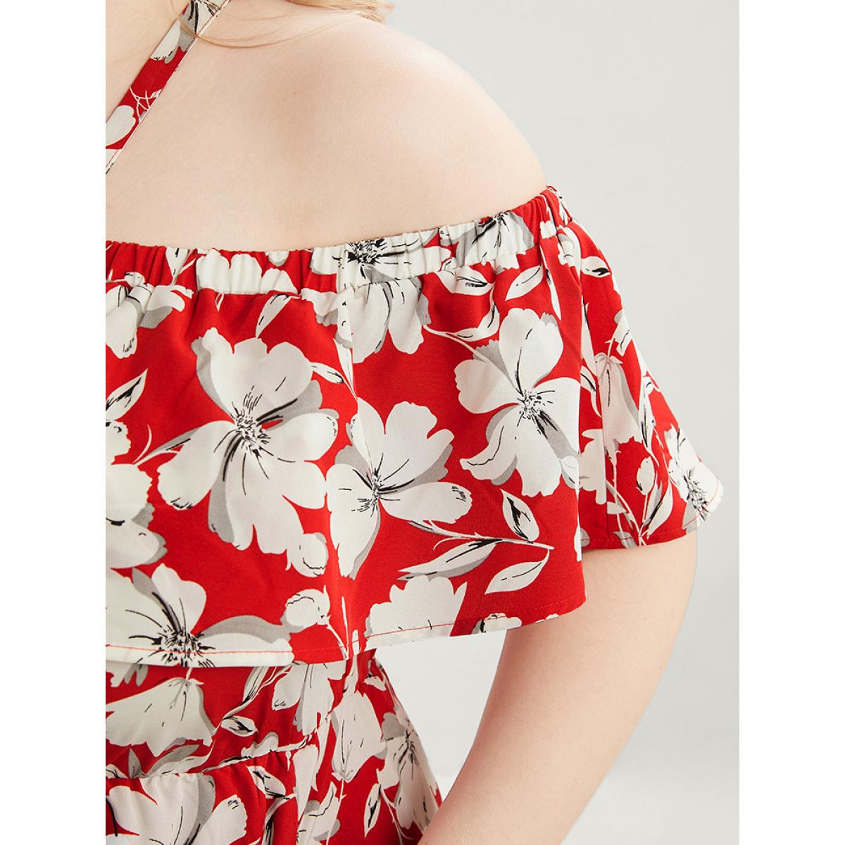 Plus Size Floral Print Pocket Ruffles Trim Split Halter Maxi Dress Scarlet Women Elegant Elastic Waist Halter neck Short sleeve Curvy Long Dress BloomChic 22-24/3X Product Image