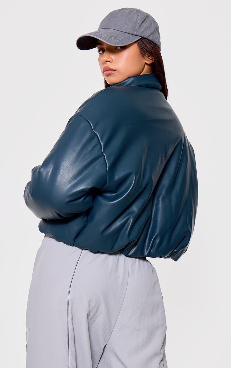 Teal Faux Leather Collar Detail Puffer Jacket Product Image