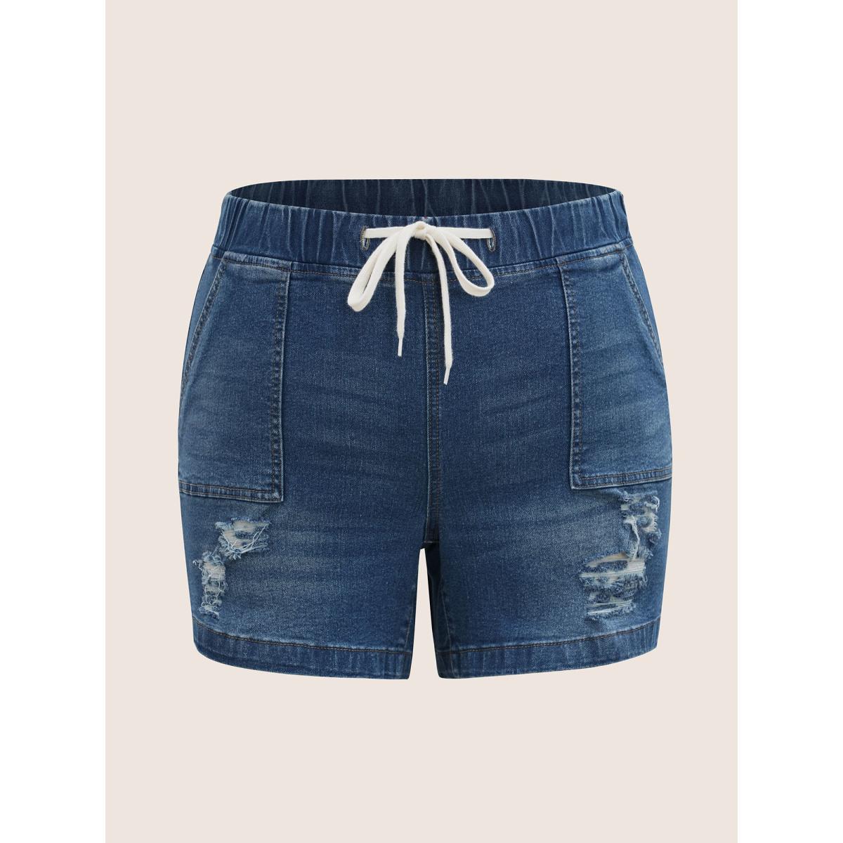 Plus Size Dark Wash Drawstring Distressed Patch Pocket Denim Shorts Women Darkindigo Distressed Medium stretch Everyday Patch pocket Casual Denim Shorts BloomChic 24/3X Product Image