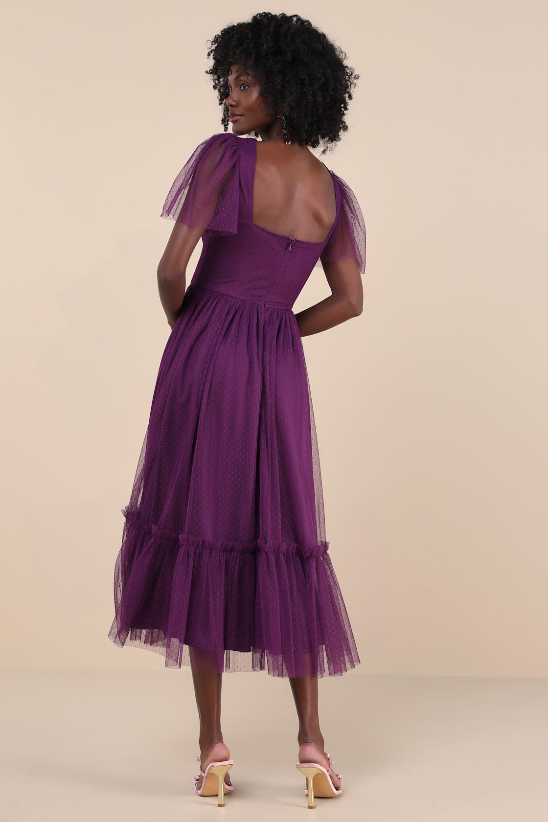 Dreamy Celebration Plum Purple Tulle Bustier Swiss Dot Midi Dres Product Image