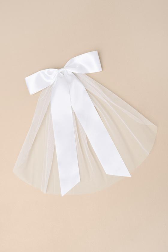 Ellia White Satin Tulle Layered Bow Hair Barrette Product Image