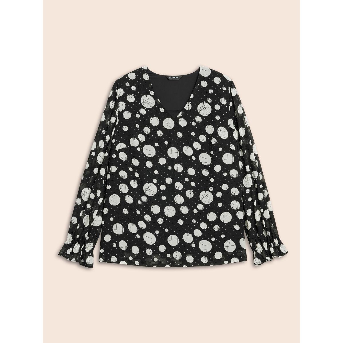 Plus Size Black Polka Dot Rhinestone Lantern Sleeve Blouse Women Casual Long Sleeve V-neck Everyday Blouses BloomChic 12/L Product Image