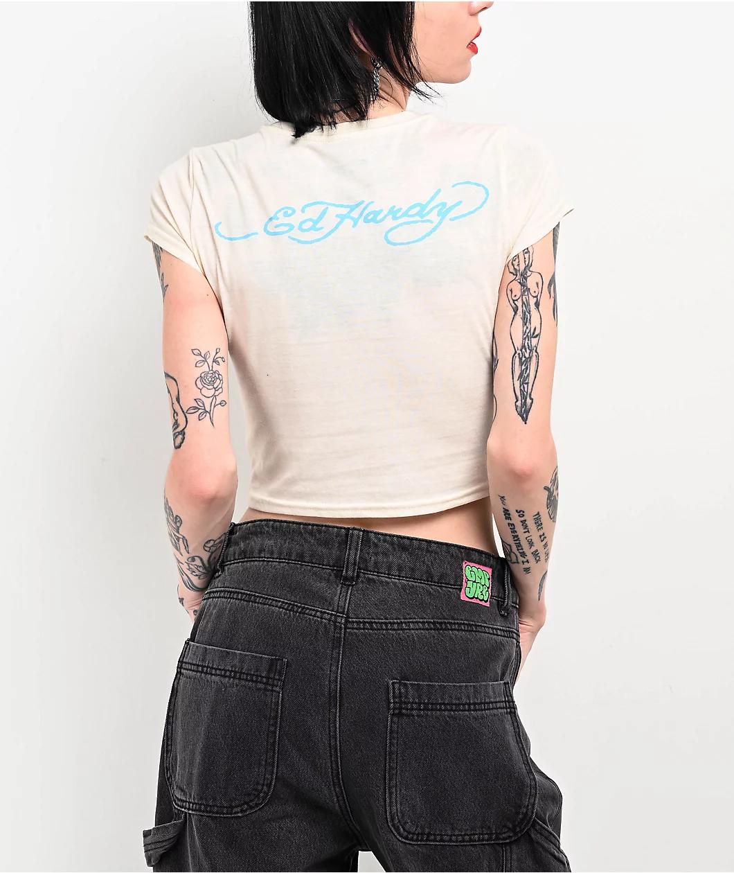 Ed Hardy True Eagle Rhinestone Natural Crop T-Shirt Product Image