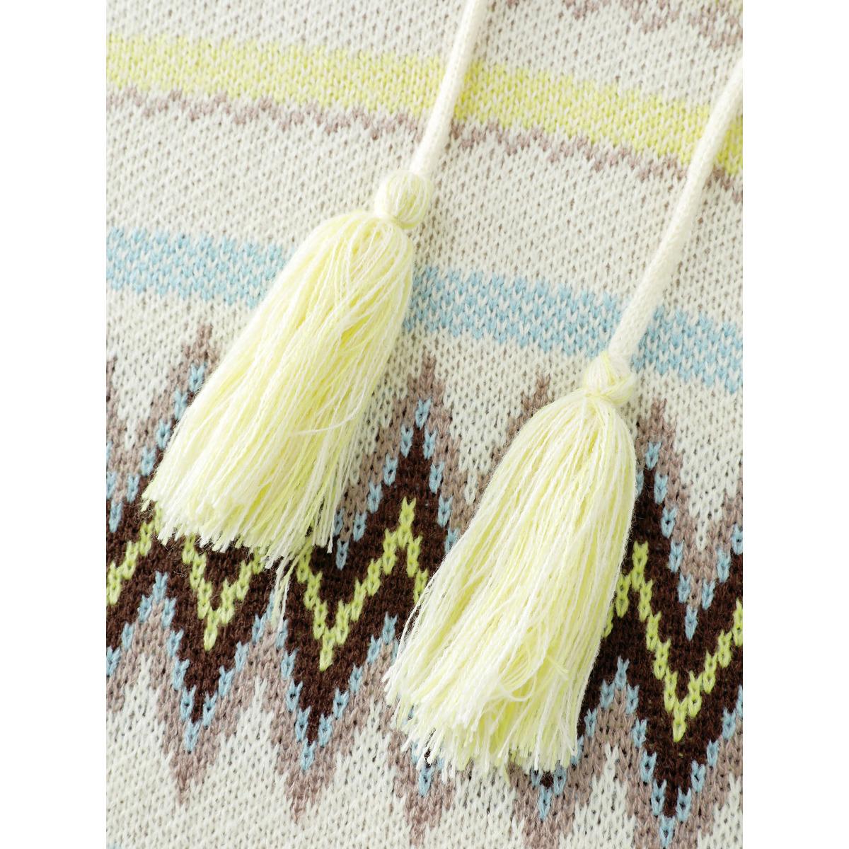 Plus Size Jacquard Boho Print Turtleneck Pullover Ivory Women Playful Loose Long Sleeve Ruffled collar Casual Pullovers BloomChic 30/6X Product Image