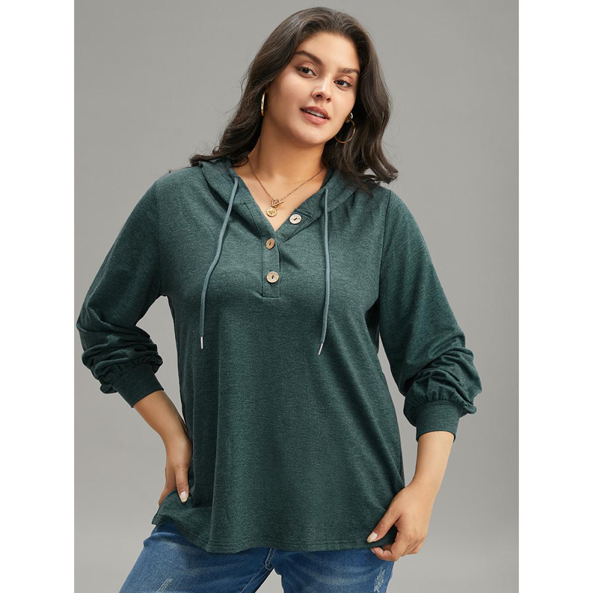 Plus Size Plain Drawstring Button Up Hooded Elastic Cuffs Sweatshirt Women Green Casual Elastic cuffs Hooded Dailywear Sweatshirts BloomChic 10/M Product Image