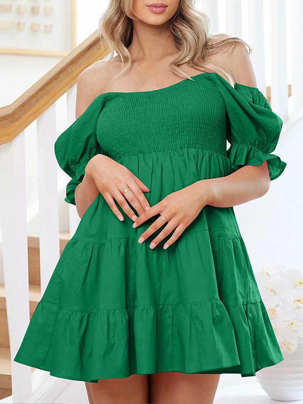 Loose Puff Sleeves Elasticity Pleated Solid Color Split-Joint Tiered Off-the-shoulder Mini Dresses Product Image
