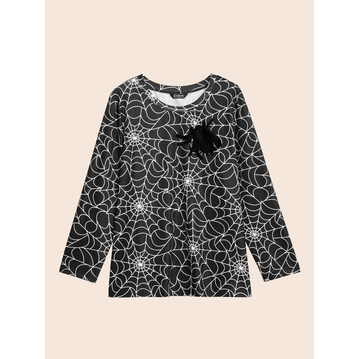 Plus Size 3D Spider Printed Slim-Fit T-shirt Black Women Casual Patchwork Halloween Round Neck Bodycon Everyday T-shirts BloomChic 14-16/1X Product Image