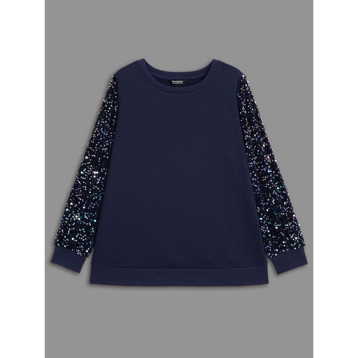 Plus Size Sequin Sleeves Velvet Panel Sweatshirt Women Indigo Casual Patchwork Round Neck Everyday Sweatshirts BloomChic 28/5X Product Image