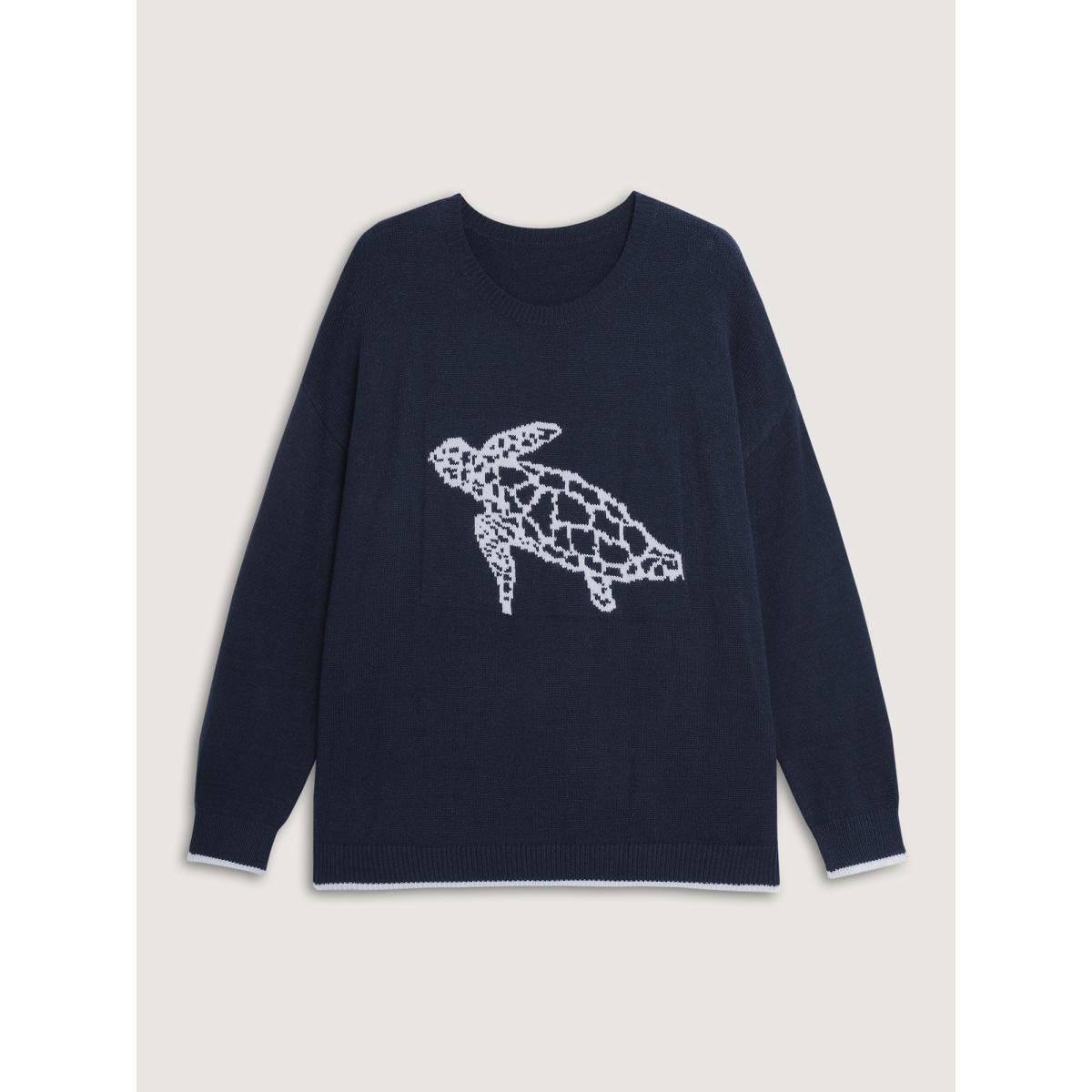 Plus Size Supersoft Turtle Motif Slit Contrast Edge Pullover Indigo Women Leisure Loose Long Sleeve Round Neck Casual Pullovers BloomChic 14-16/1X Product Image