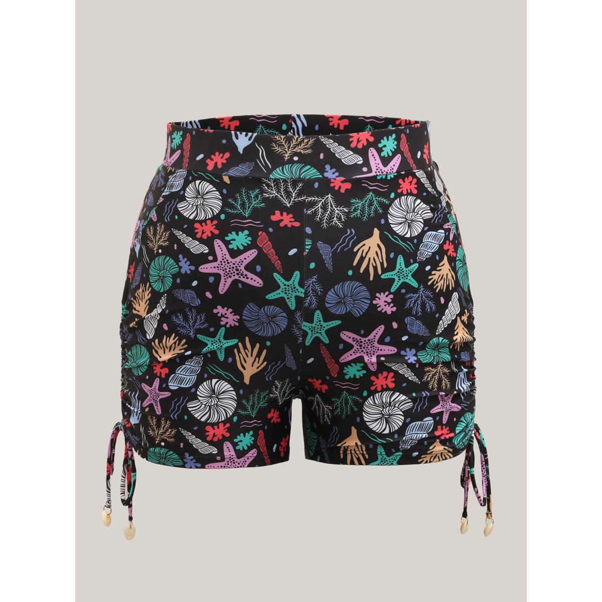 Plus Size Seashell Print Adjustable Drawstring Swim Bottoms Women's Swimwear Multicolor Beach Drawstring High stretch Skinny High Rise Side seam pocket Curve Swim Bottoms BloomChic 18-20/2X Product Image