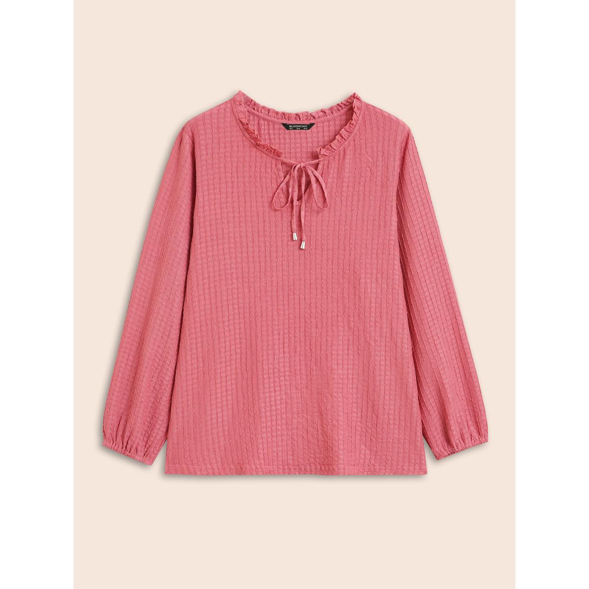 Plus Size Textured Tie Knot Lantern Sleeve T-shirt Beanpastepowder Women Casual Tie knot V-neck Everyday T-shirts BloomChic 12/L Product Image