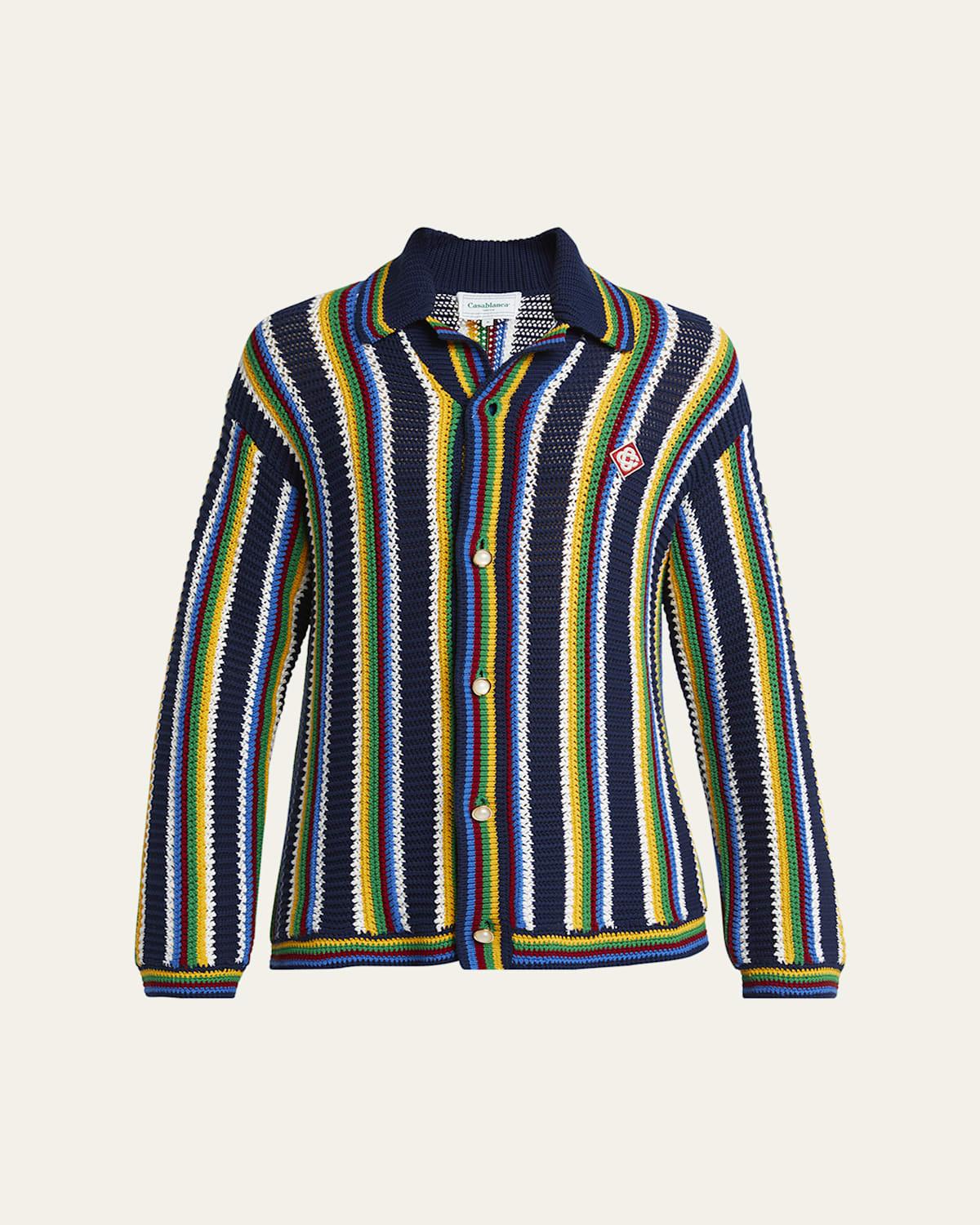 Mens Striped Crocheted Cotton-Blend Long-Sleeve Top Product Image